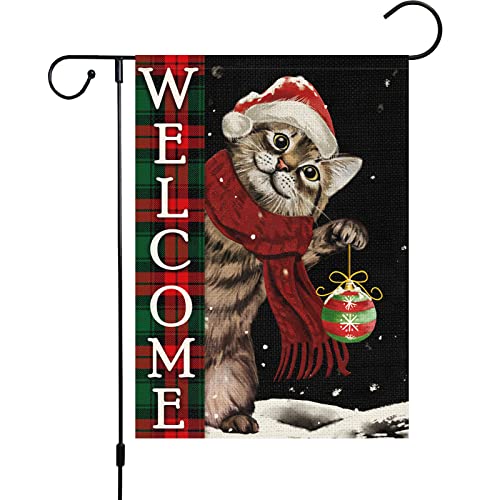 Heyfibro Welcome Christmas Garden Flag Christmas Cat with Scarf Ornament Snowflake, 12x18 Inch Double Sided Burlap Xmas Ball House Banner for Winter Christmas Outdoor Decoration (ONLY FLAG)