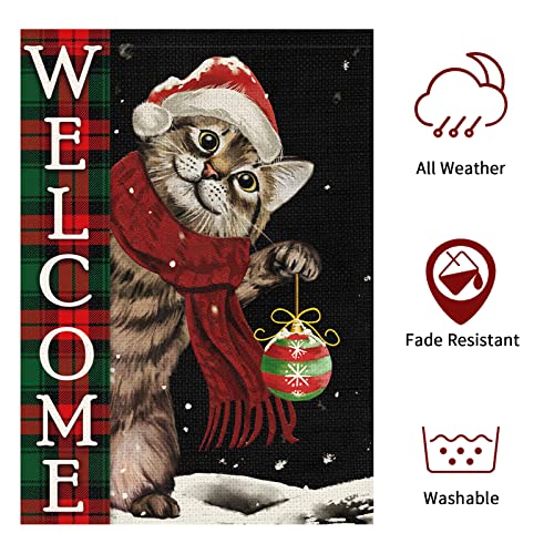 Heyfibro Welcome Christmas Garden Flag Christmas Cat with Scarf Ornament Snowflake, 12x18 Inch Double Sided Burlap Xmas Ball House Banner for Winter Christmas Outdoor Decoration (ONLY FLAG)