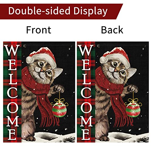 Heyfibro Welcome Christmas Garden Flag Christmas Cat with Scarf Ornament Snowflake, 12x18 Inch Double Sided Burlap Xmas Ball House Banner for Winter Christmas Outdoor Decoration (ONLY FLAG)