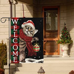 Heyfibro Welcome Christmas Garden Flag Christmas Cat with Scarf Ornament Snowflake, 12x18 Inch Double Sided Burlap Xmas Ball House Banner for Winter Christmas Outdoor Decoration (ONLY FLAG)