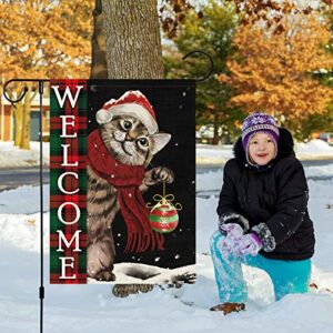 Heyfibro Welcome Christmas Garden Flag Christmas Cat with Scarf Ornament Snowflake, 12x18 Inch Double Sided Burlap Xmas Ball House Banner for Winter Christmas Outdoor Decoration (ONLY FLAG)