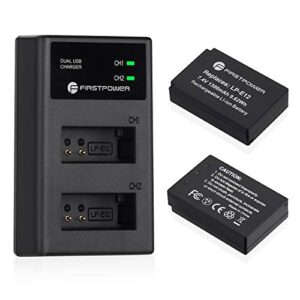 firstpower 2-pack lp-e12 batteries and usb dual battery charger compatible with canon eos m, m2, m10, m50, m50 mark ii, m100, m200, rebel sl1, powershot sx70 hs digital cameras
