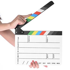 professional movie directors clapboard, photography studio video tv acrylic clapper board dry erase film slate cut action scene clapper with color sticks 9.6×11.7 inch/25x30cm, white