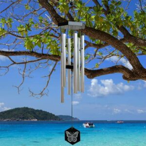 Fonmy Wind Chimes Outdoor w/Butterfly Sign Memorial Windchimes Great Wind Chime Gifts Soothing Melodic Tones & Bamboo/Aluminum Chime for Garden Home or Yard-31 Length Silver Chimes Hanging Decor.