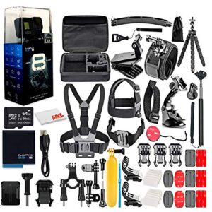 gopro hero8 black digital action camera – waterproof, touch screen, 4k uhd video, 12mp photos, live streaming, stabilization – with 64gb memory card and 50 piece accessory kit – fully loaded bundle