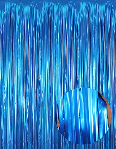 GOER 3.2 ft x 9.8 ft Metallic Tinsel Foil Fringe Curtains Party Photo Backdrop Party Streamers for Birthday,Graduation,New Year Eve Decorations Wedding Decor (1 Pack,Matte Blue)