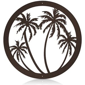 metal palm tree wall plaque hanging palm tree decor decorative palm tree wall art antique round outdoor metal wall art tropical wall decor for garden home patio outdoor supplies, 12 inch