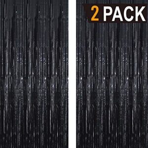 GOER 6.4 ft x 9.8 ft Metallic Tinsel Foil Fringe Curtains,Pack of 2 Party Streamer Backdrop for Birthday,Graduation Decorations and New Year Eve (Black)