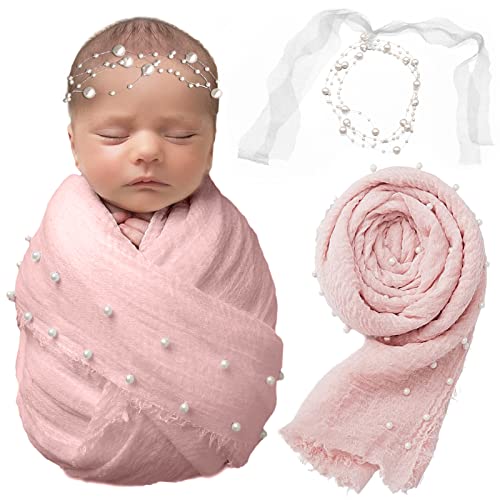 SPOKKI 2 PCS Baby Props Photography Wrap Kit, Newborn Photography Props, Handmade Pearl Wrap Blanket for Baby Photo Props with Pearl Headband, 35.5 X 67 inch Newborn Outfits for Photography (Pink)