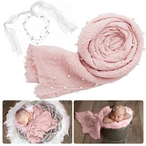 SPOKKI 2 PCS Baby Props Photography Wrap Kit, Newborn Photography Props, Handmade Pearl Wrap Blanket for Baby Photo Props with Pearl Headband, 35.5 X 67 inch Newborn Outfits for Photography (Pink)