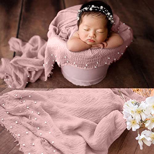 SPOKKI 2 PCS Baby Props Photography Wrap Kit, Newborn Photography Props, Handmade Pearl Wrap Blanket for Baby Photo Props with Pearl Headband, 35.5 X 67 inch Newborn Outfits for Photography (Pink)