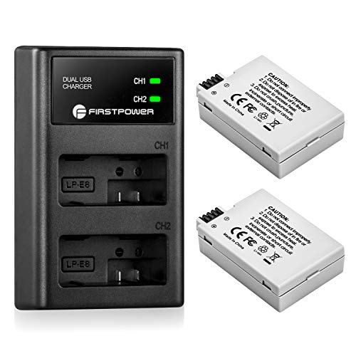 FirstPower LP-E8 Battery and Dual USB Charger Compatible with Canon EOS Rebel T2i, T3i, T4i, T5i, EOS 550D, 600D, 650D, 700D, Kiss X4, Kiss X5, Kiss X6 Cameras
