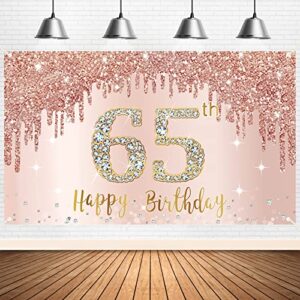 happy 65th birthday banner backdrop decorations for women, rose gold 65 birthday party sign supplies, pink 65 year old birthday poster background photo booth props decor