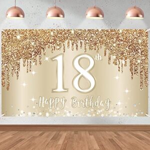 happy 18th birthday banner backdrop decorations for girls, gold white sweet 18 birthday sign party supplies, eighteen year old birthday photo booth background poster decor(72.8 x 43.3 inch)