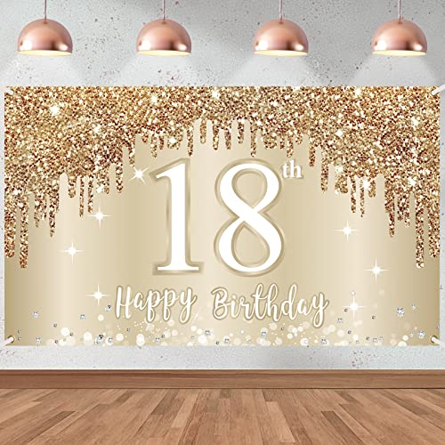 Happy 18th Birthday Banner Backdrop Decorations for Girls, Gold White Sweet 18 Birthday Sign Party Supplies, Eighteen Year Old Birthday Photo Booth Background Poster Decor(72.8 x 43.3 Inch)