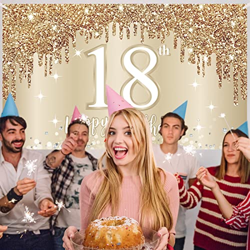 Happy 18th Birthday Banner Backdrop Decorations for Girls, Gold White Sweet 18 Birthday Sign Party Supplies, Eighteen Year Old Birthday Photo Booth Background Poster Decor(72.8 x 43.3 Inch)