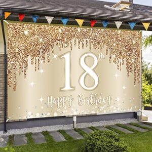 Happy 18th Birthday Banner Backdrop Decorations for Girls, Gold White Sweet 18 Birthday Sign Party Supplies, Eighteen Year Old Birthday Photo Booth Background Poster Decor(72.8 x 43.3 Inch)