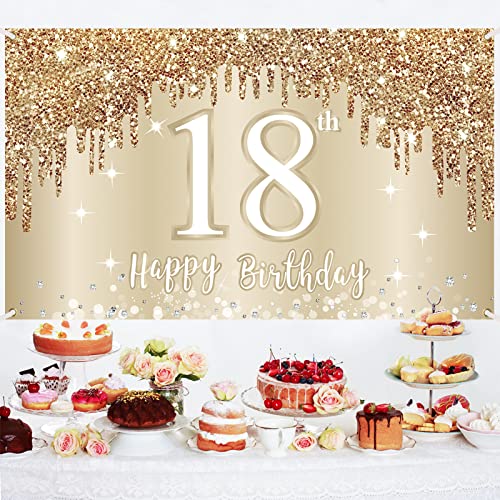 Happy 18th Birthday Banner Backdrop Decorations for Girls, Gold White Sweet 18 Birthday Sign Party Supplies, Eighteen Year Old Birthday Photo Booth Background Poster Decor(72.8 x 43.3 Inch)