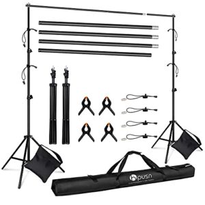 hpusn adjustable backdrop stand kit 10ft: photo video studio for wedding party stage decoration, background support system kit for photography studio with clamp, sand bag, carry bag