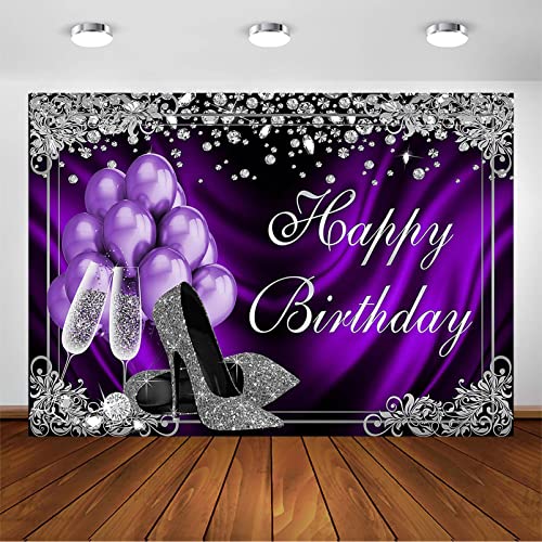 Avezano Silver Purple Birthday Photography Backdrops 7x5ft Purple Balloons Silver High Heels Champagne Diamond Adult Women Birthday Party Banner Decoration for Photo Booth Photoshoot Background