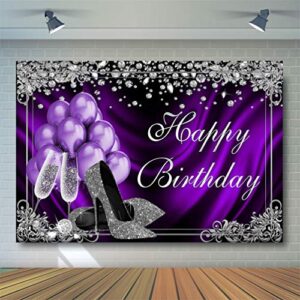 Avezano Silver Purple Birthday Photography Backdrops 7x5ft Purple Balloons Silver High Heels Champagne Diamond Adult Women Birthday Party Banner Decoration for Photo Booth Photoshoot Background