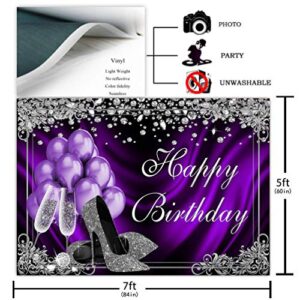 Avezano Silver Purple Birthday Photography Backdrops 7x5ft Purple Balloons Silver High Heels Champagne Diamond Adult Women Birthday Party Banner Decoration for Photo Booth Photoshoot Background