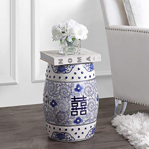 JONATHAN Y TBL1013A Double Happiness 18" Chinoiserie Ceramic Drum Garden Stool Bohemian, Coastal, Classic, Cottage, French Country, Traditional, Transitional, Bathroom, Garden Room, Patio, Blue/White