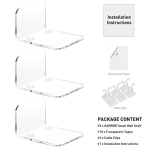 OAPRIRE Acrylic Floating Wall Shelves Set of 3 for Security Cameras, Baby Monitors, Speakers - Universal Small Wall Shelf with Cable Clips, 10-Piece Strong Tapes, No Drill (Clear)