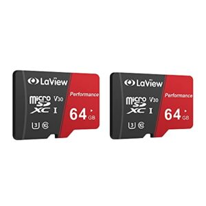 laview 64gb micro sd card 2 pack, micro sdxc uhs-i memory card – 95mb/s,633x,u3,c10, full hd video v30, a1, fat32, high speed flash tf card p500 for computer with adapter/phone/tablet/pc