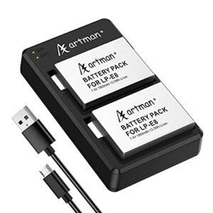 artman lp-e8 battery and rapid dual usb charger kit for fully compatible with canon eos rebel t3i t2i t4i t5i, eos 600d 550d 650d 700d, kiss x4 x5 x6 x7, lc-e8e digital cameras(2-pack 1800mah)