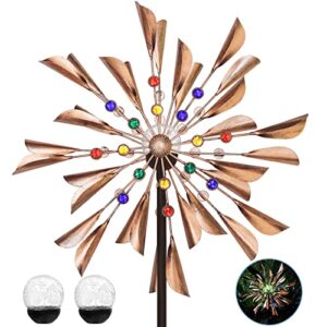 kinetic wind spinners with solar powered glass ball, 79 inches outdoor metal large wind sculptures & double windmill spinner, for outdoor yard lawn garden decorations
