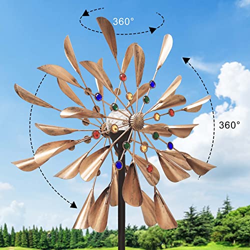 Kinetic Wind Spinners with Solar Powered Glass Ball, 79 Inches Outdoor Metal Large Wind Sculptures & Double Windmill Spinner, for Outdoor Yard Lawn Garden Decorations