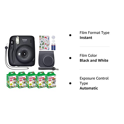 Fujifilm Instax Mini 11 Instant Camera Charcoal Gray + MiniMate Accessory Bundle & Compatible Custom Case + Fuji Instax Film Value Pack (50 Sheets) Flamingo Designer Photo Album