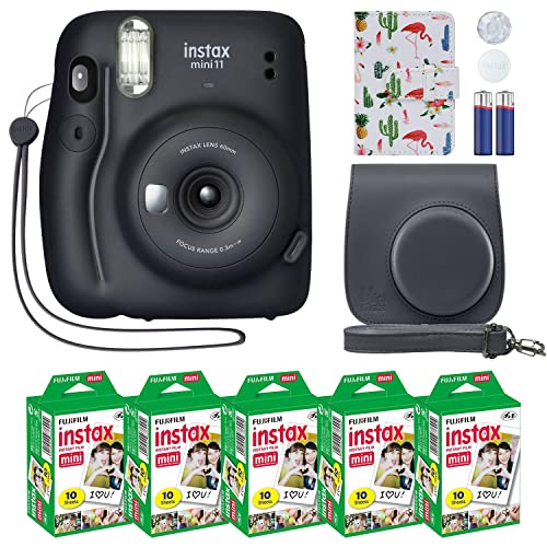 Fujifilm Instax Mini 11 Instant Camera Charcoal Gray + MiniMate Accessory Bundle & Compatible Custom Case + Fuji Instax Film Value Pack (50 Sheets) Flamingo Designer Photo Album