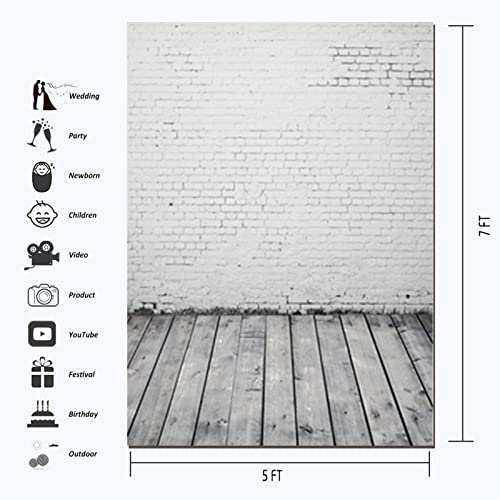 White Brick Wall Gray Wooden Floor Photography Backdrop 5X7FT Polyester Baby Cake Smash Birthday Party Background Newborn Portrait Photo Background Shoot Props Supplies