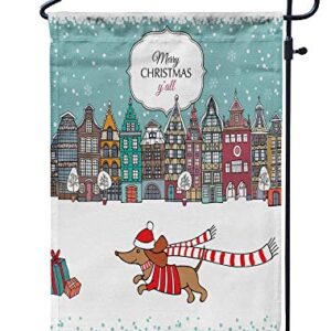 GROOTEY Welcome Garden Flag Home Yard Decorative 12X18 Inches Christmas Card European Color Houses Dog Double Sided Seasonal Garden Flags Kids Christmas Flag