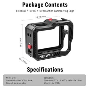 NEEWER Hero11 Cage / Hero10 Cage / Hero9 Vlog Cage, All Metal Form Fitting Video Cage with 1/4" Threads & Cold Shoes, Supports Max Lens Mod, Compatible with GoPro SmallRig Accessories (ST46)