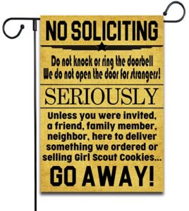 funny no soliciting flag homeowners flag funny go away flag funny garden flag no soliciting sign mothers day house gift decor yard decor outdoor decor double sided flax garden flag 12″ x 18″