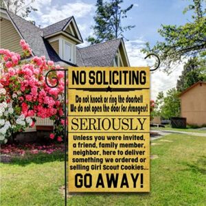 Funny No Soliciting Flag Homeowners Flag Funny Go Away Flag Funny Garden Flag No Soliciting Sign mothers day House Gift Decor Yard Decor Outdoor Decor Double Sided Flax Garden Flag 12" x 18"