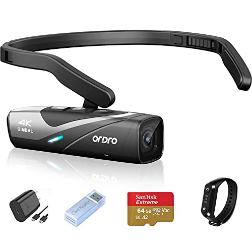 ORDRO EP8 4K Camcorder 60FPS Vlog Hands Free Wearable Camera, Head-Mounted Video Camera, Wi-Fi APP Control, Auto Focus, 2-Axis Gimbal Stabilizer with Remote Control, Fast Charger, 64GB Micro SD Card