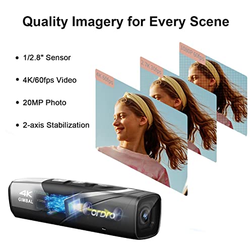 ORDRO EP8 4K Camcorder 60FPS Vlog Hands Free Wearable Camera, Head-Mounted Video Camera, Wi-Fi APP Control, Auto Focus, 2-Axis Gimbal Stabilizer with Remote Control, Fast Charger, 64GB Micro SD Card