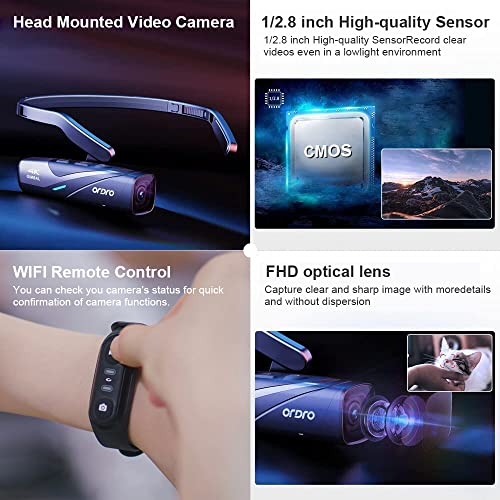 ORDRO EP8 4K Camcorder 60FPS Vlog Hands Free Wearable Camera, Head-Mounted Video Camera, Wi-Fi APP Control, Auto Focus, 2-Axis Gimbal Stabilizer with Remote Control, Fast Charger, 64GB Micro SD Card