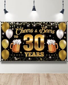 htdzzi cheers & beers to 30 years backdrop banner, happy 30th birthday decorations for men women, 30th anniversary decor, black gold 30 year old birthday party sign poster supplies, 6.1ft x 3.6ft