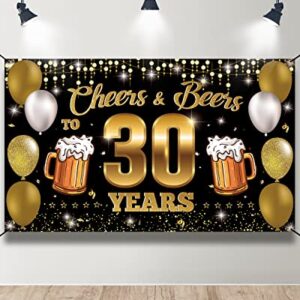 HTDZZI Cheers & Beers to 30 Years Backdrop Banner, Happy 30th Birthday Decorations for Men Women, 30th Anniversary Decor, Black Gold 30 Year Old Birthday Party Sign Poster Supplies, 6.1ft x 3.6ft