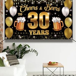 HTDZZI Cheers & Beers to 30 Years Backdrop Banner, Happy 30th Birthday Decorations for Men Women, 30th Anniversary Decor, Black Gold 30 Year Old Birthday Party Sign Poster Supplies, 6.1ft x 3.6ft