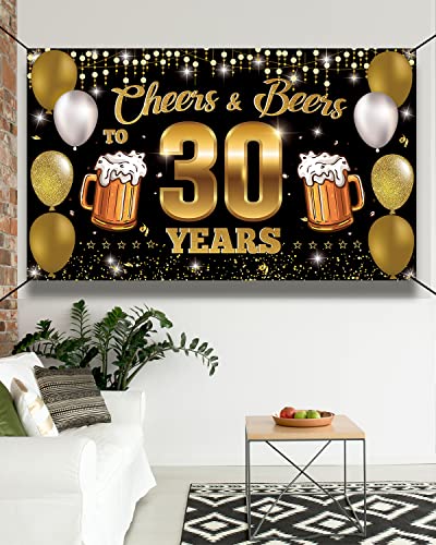 HTDZZI Cheers & Beers to 30 Years Backdrop Banner, Happy 30th Birthday Decorations for Men Women, 30th Anniversary Decor, Black Gold 30 Year Old Birthday Party Sign Poster Supplies, 6.1ft x 3.6ft