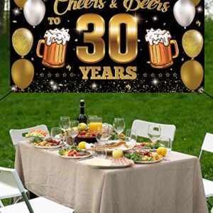 HTDZZI Cheers & Beers to 30 Years Backdrop Banner, Happy 30th Birthday Decorations for Men Women, 30th Anniversary Decor, Black Gold 30 Year Old Birthday Party Sign Poster Supplies, 6.1ft x 3.6ft