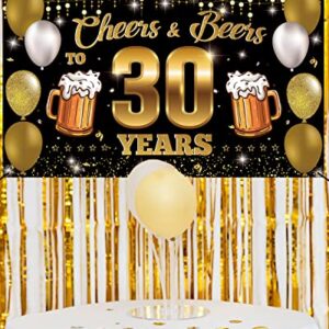 HTDZZI Cheers & Beers to 30 Years Backdrop Banner, Happy 30th Birthday Decorations for Men Women, 30th Anniversary Decor, Black Gold 30 Year Old Birthday Party Sign Poster Supplies, 6.1ft x 3.6ft