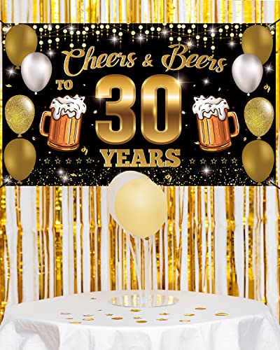 HTDZZI Cheers & Beers to 30 Years Backdrop Banner, Happy 30th Birthday Decorations for Men Women, 30th Anniversary Decor, Black Gold 30 Year Old Birthday Party Sign Poster Supplies, 6.1ft x 3.6ft