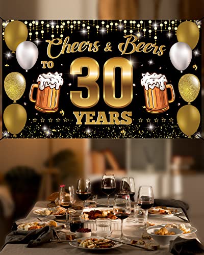 HTDZZI Cheers & Beers to 30 Years Backdrop Banner, Happy 30th Birthday Decorations for Men Women, 30th Anniversary Decor, Black Gold 30 Year Old Birthday Party Sign Poster Supplies, 6.1ft x 3.6ft